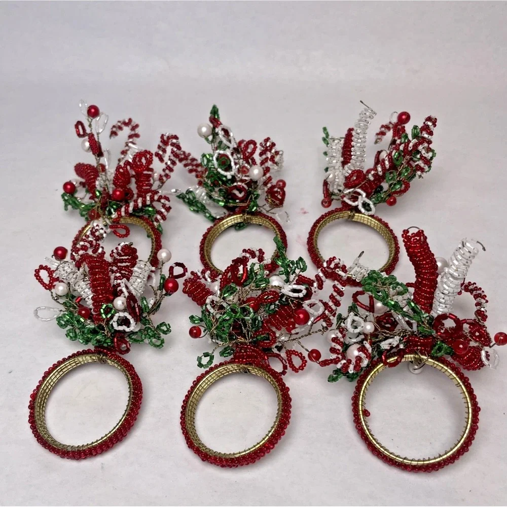 Beaded Holiday Christmas Napkin Ring Holders Set Of 6